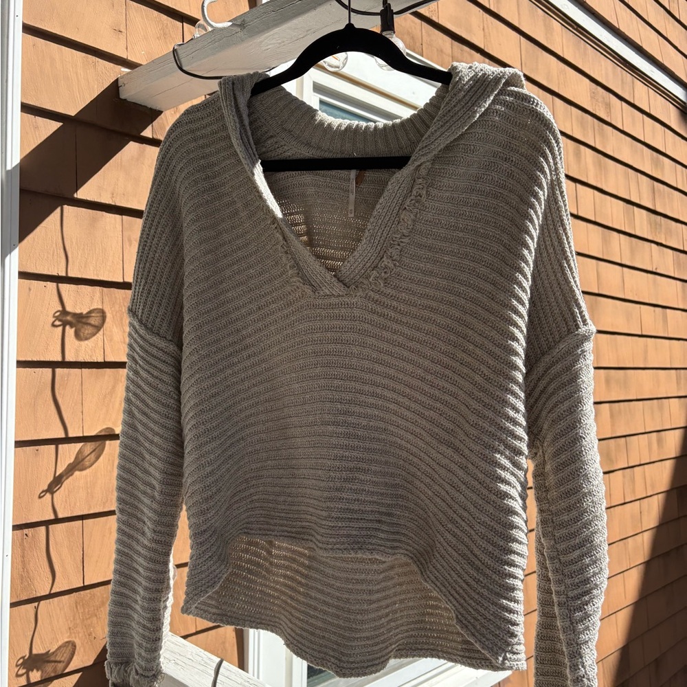 Free People Hooded Knit Sweater XS Beige Oversized V-Neck Pullover